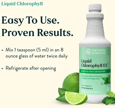 Provides clear instructions on how to use the liquid chlorophyll product, including dosage and storage information. Emphasizes that the product is easy to use and has proven results, reassuring…