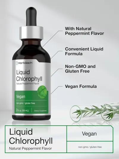 Highlights multiple key features and benefits of the liquid chlorophyll supplement to appeal to health-conscious consumers.