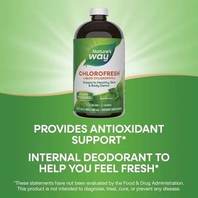 Highlights the product's antioxidant properties and its ability to act as an internal deodorant, emphasizing its freshness benefits.