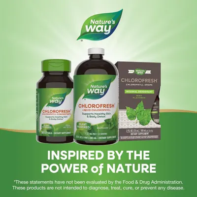 Showcases multiple benefits of the Chlorofresh product line, emphasizing its natural ingredients and health benefits for skin and detoxification. Displays the different product formats available in…