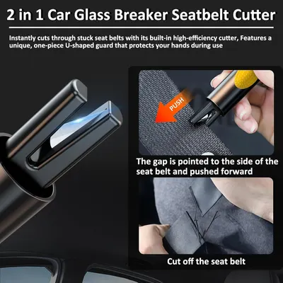 Demonstrates how to use the seatbelt cutter feature of the product in an emergency situation. Highlights the dual functionality of the product as both a car glass breaker and seatbelt cutter for…