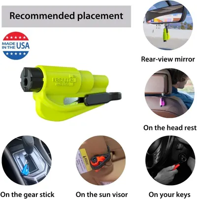 Demonstrates various recommended locations to place or attach the safety device in a vehicle for easy access in emergencies. Shows the versatility of the product by illustrating different ways it…