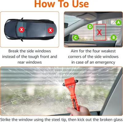 Instructs how to safely break a car window in an emergency situation to escape.