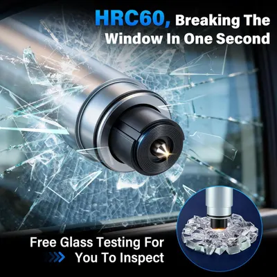 Demonstrates the product's ability to quickly break a car window in an emergency situation, highlighting its safety feature.