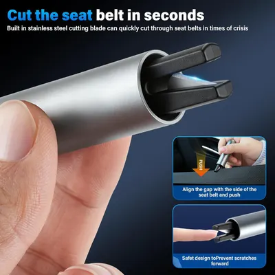 Highlights the product's ability to quickly cut through seat belts in emergency situations, emphasizing its safety feature.