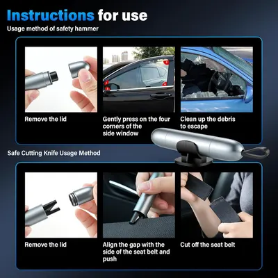 Provides step-by-step instructions on how to use the safety hammer to break a car window and how to use the seat belt cutter in emergency situations.