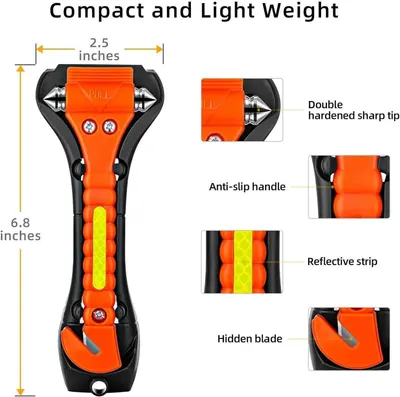 Highlights the product's compact size and key safety/functional features like the double hardened sharp tip, anti-slip handle, reflective strip, and hidden blade.