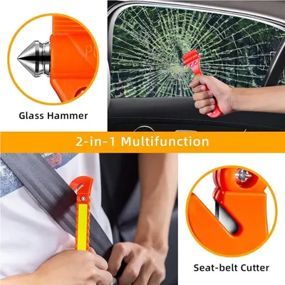 Demonstrates the dual functionality of the product as both a glass-breaking hammer and seat-belt cutter for emergency situations in vehicles. Shows how to use the product in emergency situations to…