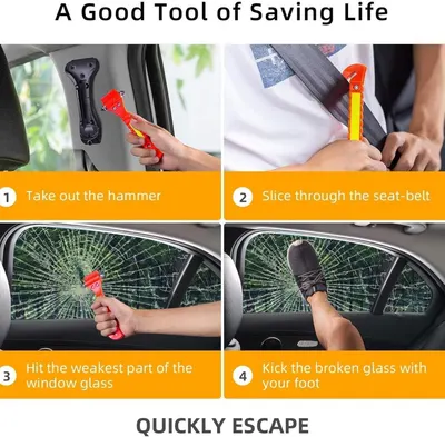 Provides step-by-step instructions on how to quickly escape a vehicle in an emergency situation.