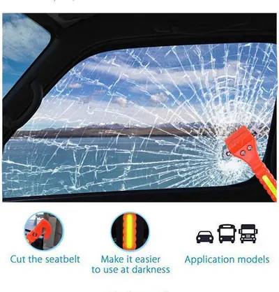 Highlights the danger and inconvenience of a shattered car window to set up the need for an emergency safety tool. Shows the product's ability to quickly break a car window in an emergency,…