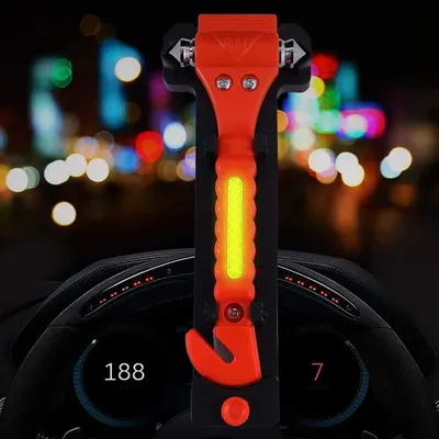 Highlights the product's emergency safety features, including a seatbelt cutter and window breaker, to reassure drivers about vehicle safety.