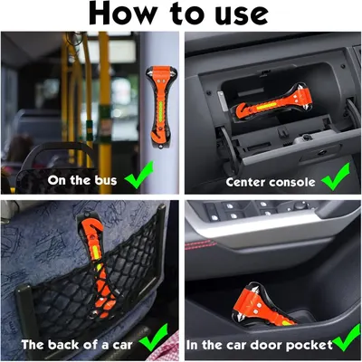 Demonstrates various ways and locations to store and access the safety tool in different vehicle types and public transportation.