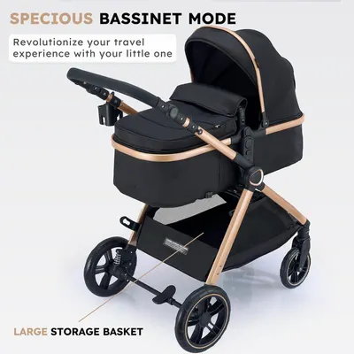 Showcases the stroller's versatility as a travel system with bassinet mode for infants, emphasizing its suitability for travel with young babies. Highlights the spacious storage basket underneath,…
