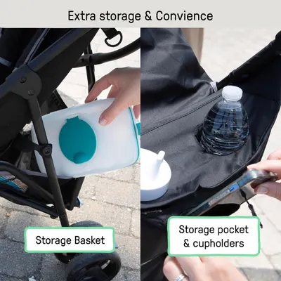 Highlights multiple storage and convenience features of the stroller to show its practicality for parents on the go.