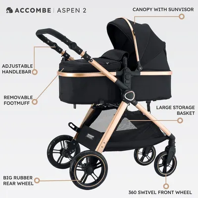 Highlights key features and design elements of the Accombe Aspen 2 stroller to showcase its functionality and premium construction.
