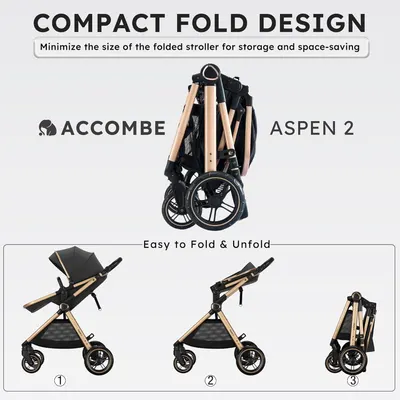 Highlights the stroller's ability to fold into a compact size for easy storage and space-saving.