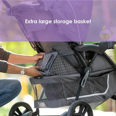 Highlights the stroller's spacious storage capacity to appeal to parents who need to carry lots of items.