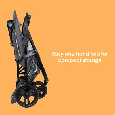Highlights the stroller's easy folding mechanism for compact storage, appealing to parents looking for convenience and space-saving features.