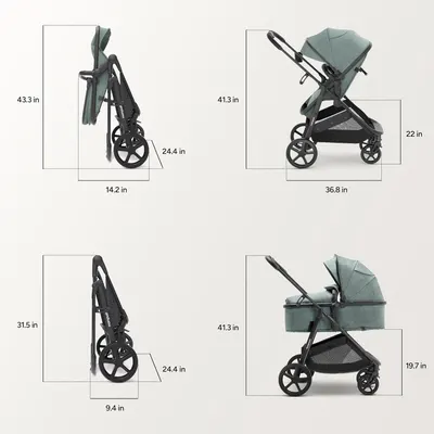 Provides exact measurements of the stroller in different configurations to help customers understand its size and fit.