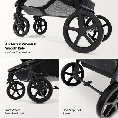 Highlights multiple features of the stroller's wheel system to demonstrate its smooth ride and maneuverability across different terrains.