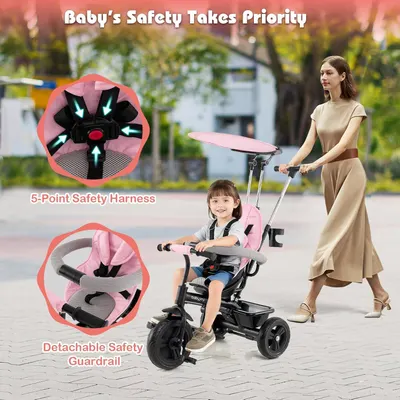 Highlights the safety features of the baby tricycle to reassure parents about their child's security while using the product. Showcases multiple safety and convenience features of the baby tricycle,…