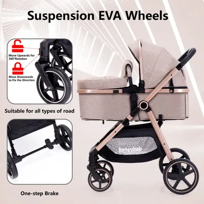 Highlights multiple features of the stroller to demonstrate its versatility and ease of use for parents.