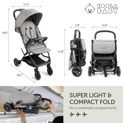 Demonstrates the stroller's compact folded size and dimensions to show it's easy to transport and store. Highlights the stroller's suitability for air travel by showing it fits in overhead…