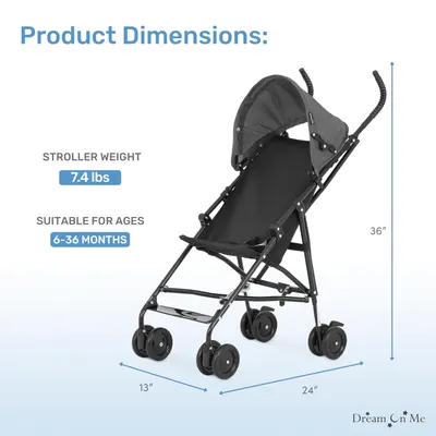 Provides exact dimensions and weight of the stroller to help shoppers understand its size and portability. Communicates key metrics like stroller weight and suitable age range to help customers…