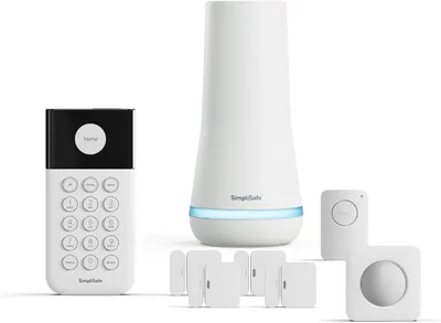 Shows all the components included in the SimpliSafe home security system kit, allowing customers to see the full package they will receive.