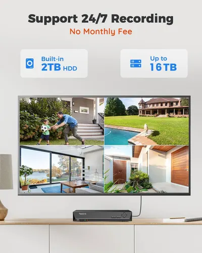 Highlights the product's continuous recording capability and large storage options to reassure customers about comprehensive surveillance coverage.