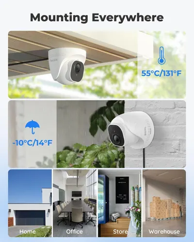 Demonstrates the camera's ability to be mounted in various locations and withstand different weather conditions, showcasing its versatility for home, office, and outdoor use.