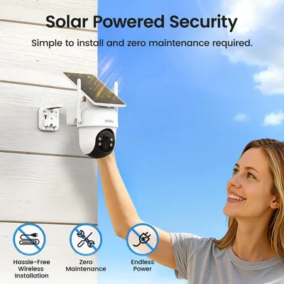 Highlights the key benefits of the solar-powered security camera, emphasizing its ease of use and low maintenance requirements. Demonstrates the simplicity of installing the security camera, showing…