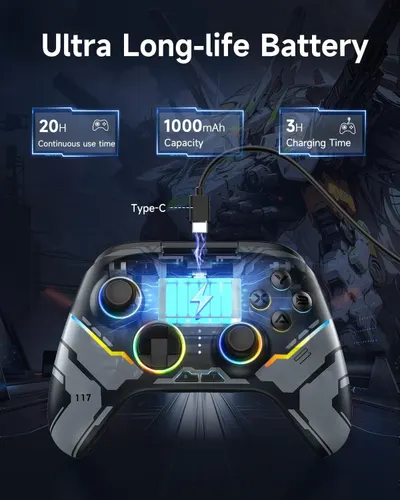 Communicates multiple battery-related benefits including 20 hours of continuous use, 1000mAh capacity, and 3-hour charging time to reassure gamers about extended gameplay without interruption.