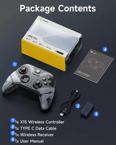 Shows everything included in the box: wireless controller, USB-C cable, wireless receiver, and user manual to set clear expectations for the buyer.