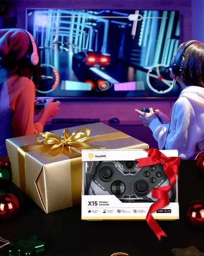 Positions the gaming controller as a perfect holiday or special occasion gift by featuring festive gift wrapping with gold and red ribbons in a gaming lifestyle setting.