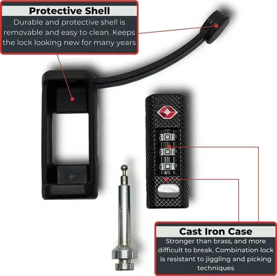 Highlights two key durability features of the lock: the removable protective shell that keeps it looking new and the cast iron case that resists break-in attempts.