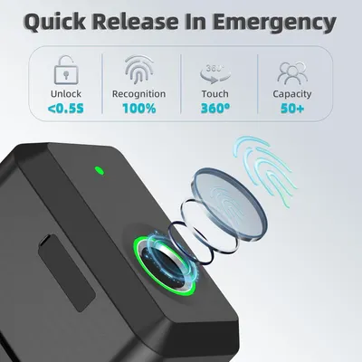 Communicates multiple key features of the fingerprint lock system including fast unlock speed, perfect recognition accuracy, 360-degree touch capability, and high user capacity to demonstrate…
