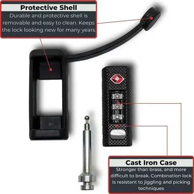 Highlights two key durability features of the lock: the removable protective shell that keeps it looking new and the cast iron case that resists break-in attempts.