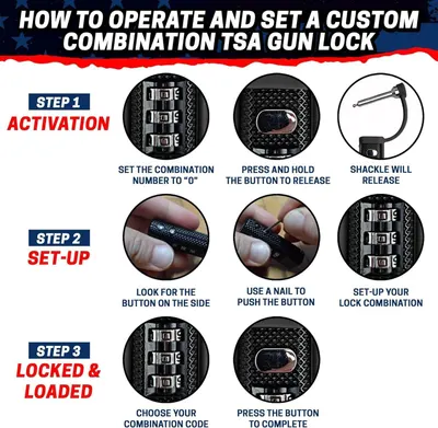 Provides step-by-step instructions on how to activate, set up, and lock a TSA gun lock with a custom combination code to help customers understand the setup process.