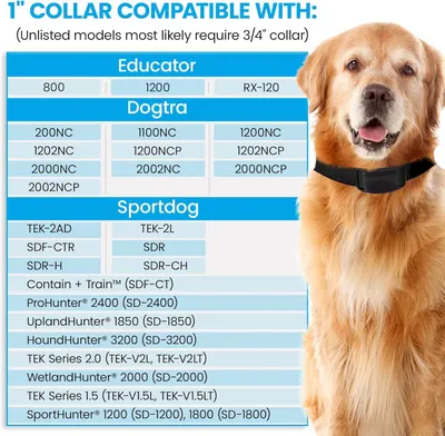 This image shows which dog training collar systems are compatible with the 1-inch collar product, helping shoppers verify that the collar will work with their existing Educator, Dogtra, or Sportdog…