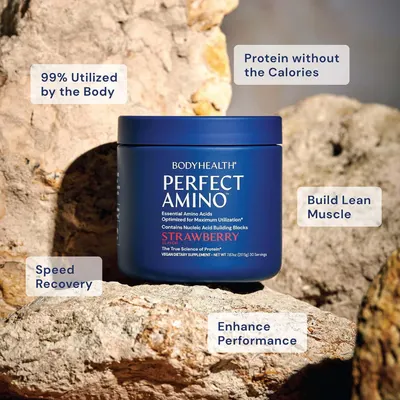 Showcases multiple key benefits of the amino acid supplement including high utilization rate, low calories, muscle building, recovery speed, and performance enhancement to demonstrate the product's…