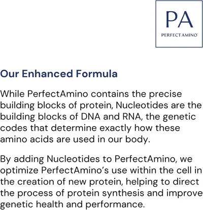 Explains the enhanced formula benefit of adding nucleotides to optimize protein synthesis and improve genetic health and performance.