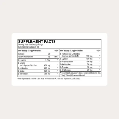 Provides detailed nutritional and ingredient information for the supplement, allowing shoppers to review the exact amounts of amino acids and other components per serving.