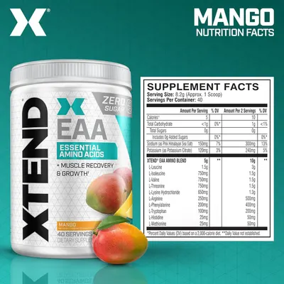 Displays the detailed supplement facts and amino acid breakdown to inform shoppers of the exact nutritional content, serving size, and ingredient amounts in the EAA product.