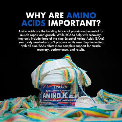 Educates shoppers on why amino acids are important for muscle repair and growth, emphasizing that this product provides all nine essential amino acids for more complete support than BCAAs alone.