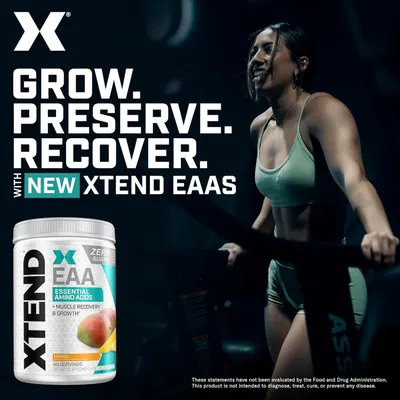 Communicates the three key benefits of the XTEND EAAs supplement to help shoppers understand how the product supports their fitness goals through growth, preservation, and recovery.