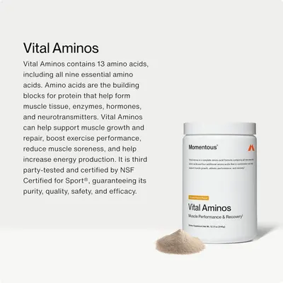 Communicates multiple benefits of the Vital Aminos supplement including its comprehensive amino acid content, muscle support, performance enhancement, recovery benefits, and third-party…