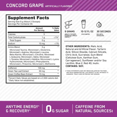 Communicates multiple key benefits of the supplement including energy and recovery support, zero sugar content, and natural caffeine sources to appeal to health-conscious shoppers.