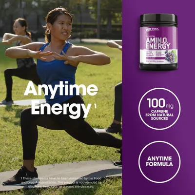Communicates multiple key benefits of the amino energy supplement including its anytime use flexibility, natural caffeine content, and versatile formula to appeal to active shoppers seeking energy…