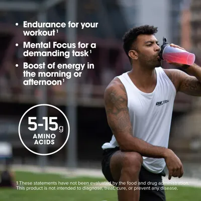Communicates multiple benefits of the product including workout endurance, mental focus, and energy boost, while highlighting the amino acid content to appeal to fitness-focused shoppers.